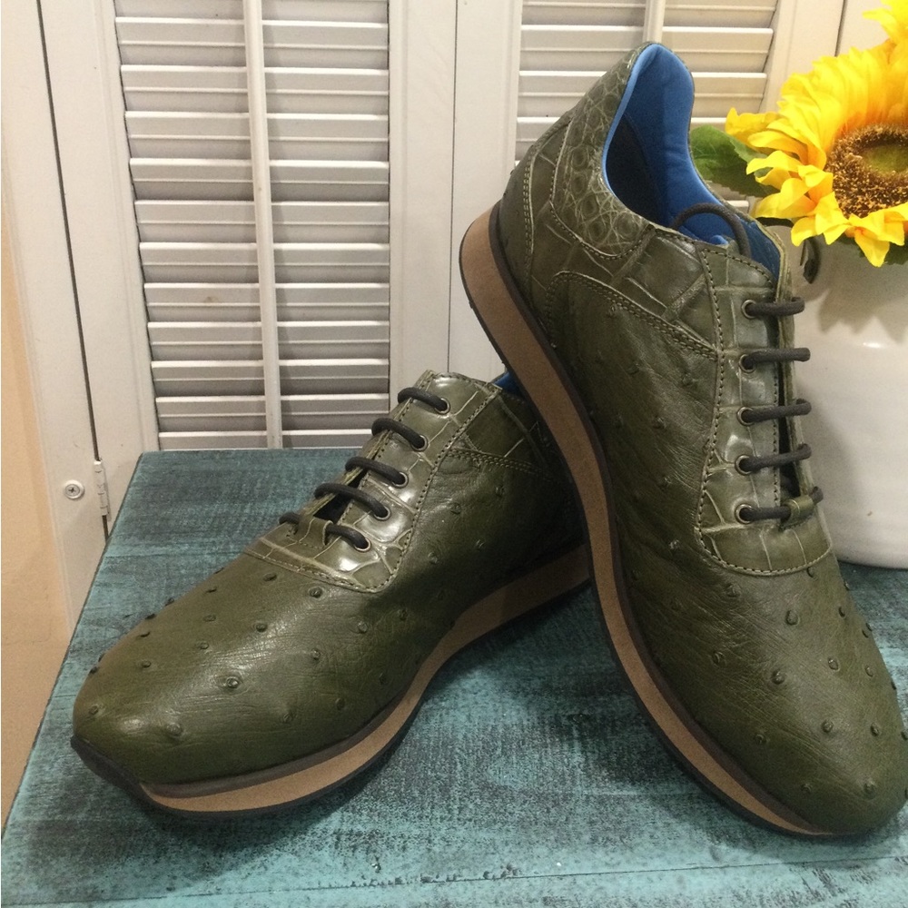 GIORGIO’S OF PALM BEACH GENUINE OSTRICH & CROCODILE OLIVE GREEN SNEAKERS 12 NEW